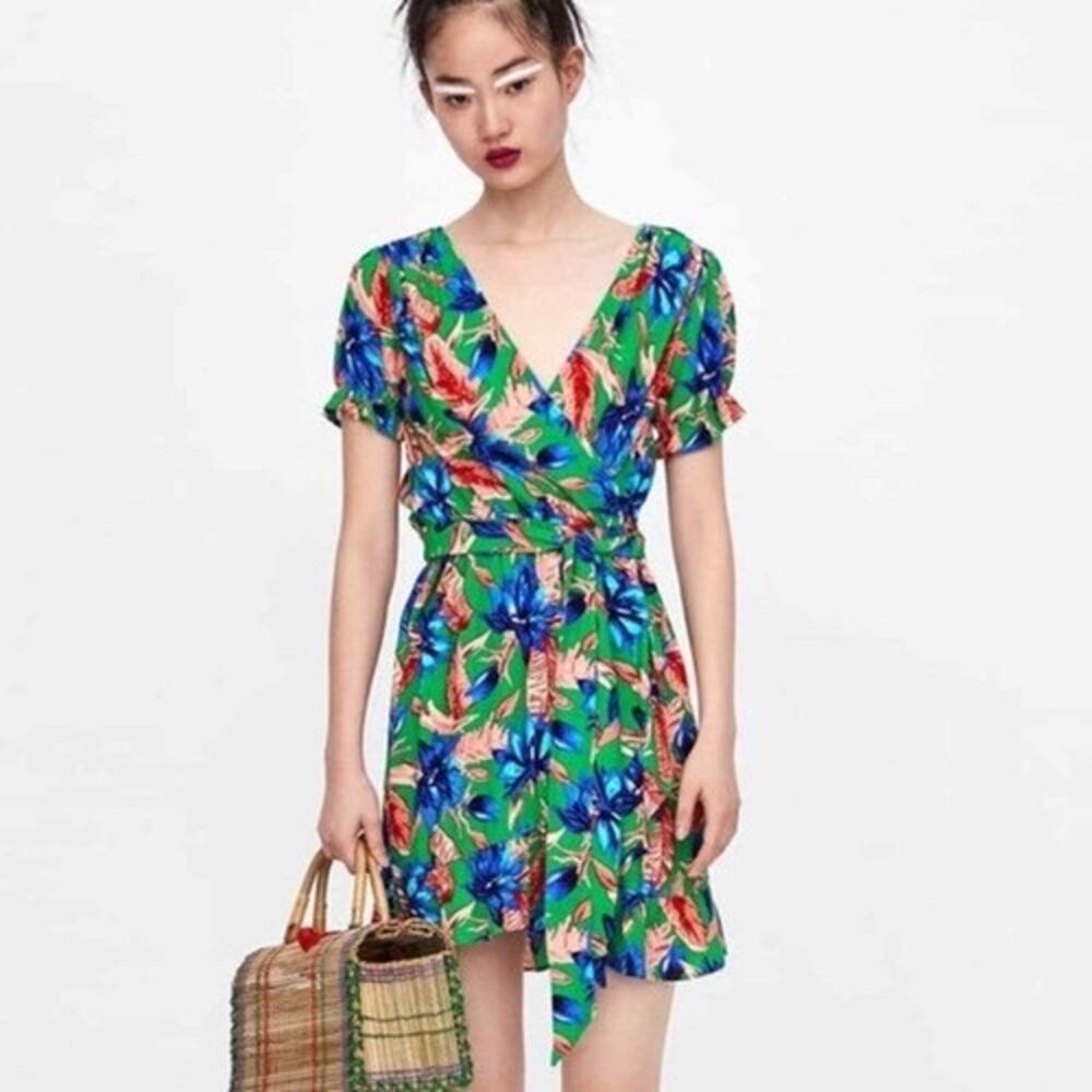 ZARA BASIC Z1975 Green Floral Wrap Dress‎ M | Puff Sleeve Belted Mini Boho Style